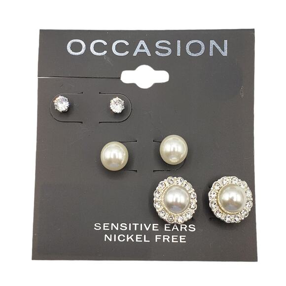3/15 NWT set of 3 pair of OCCASION cubic zirconia and pearl style earrings - Picture 1 of 2